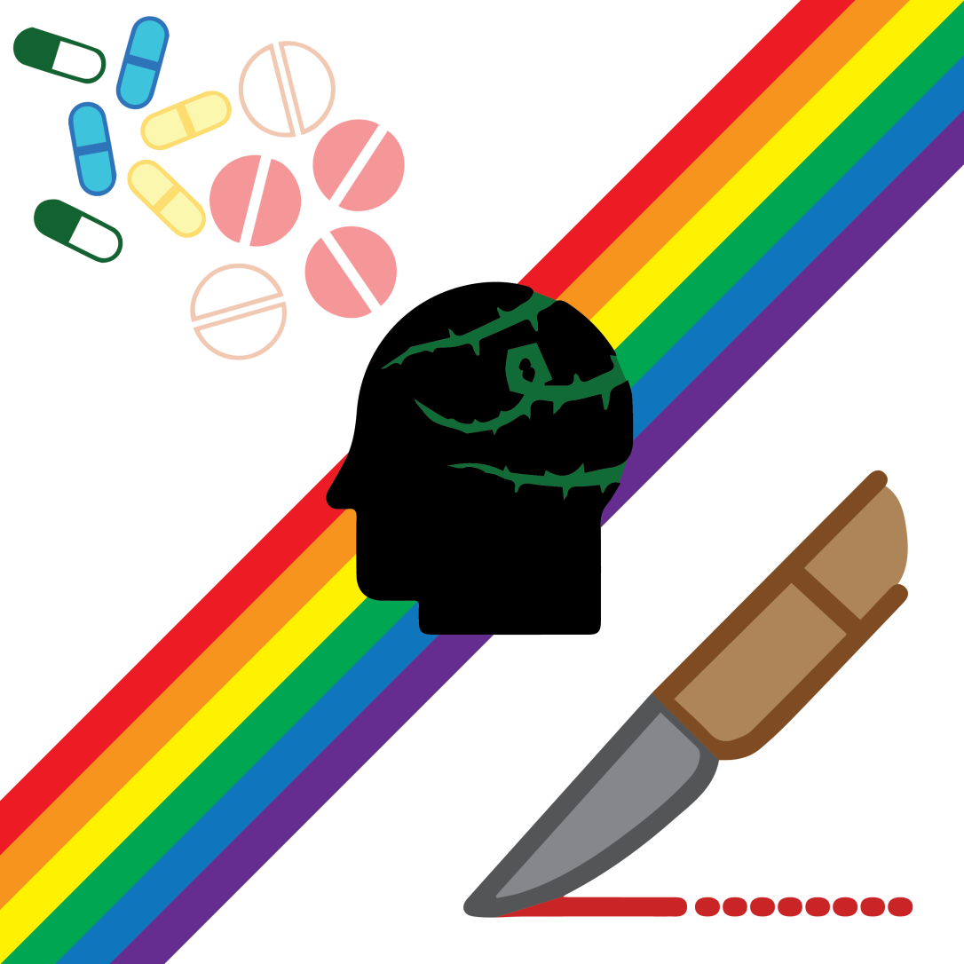 A collage of several icons. In the upper left corner, there is a collection of pink, blue, white, yellow, and green pills. In the middle of the image, there is an outline of a human head with vines creeping over it. In the lower right corner, there is a knife leaving a red trail behind it. Running from the upper right to lower left corner is a rainbow stripe.